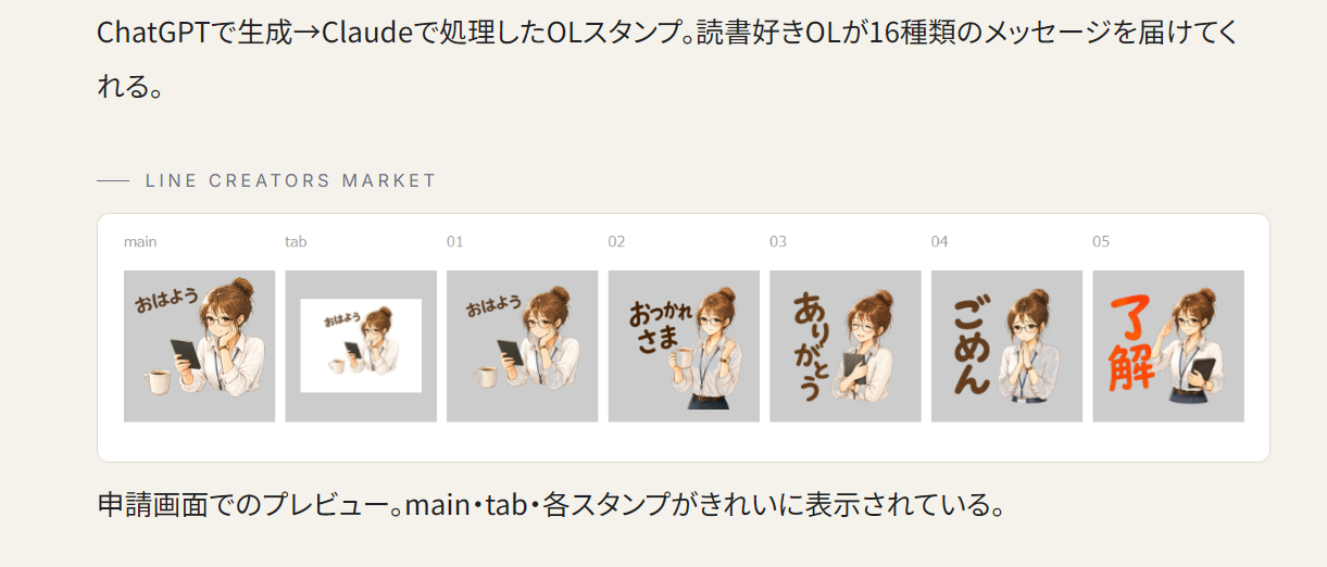 LINE Creators Marketの申請プレビュー画面。Bookworm Office Ladyというタイトルと説明文、スタンプサムネイルが確認できる。